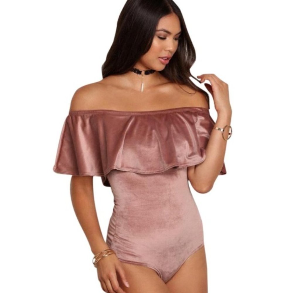 Hummingbird Mauve Pink Stretch Velvet off the shoulder Ruffle Bodysuit Size S